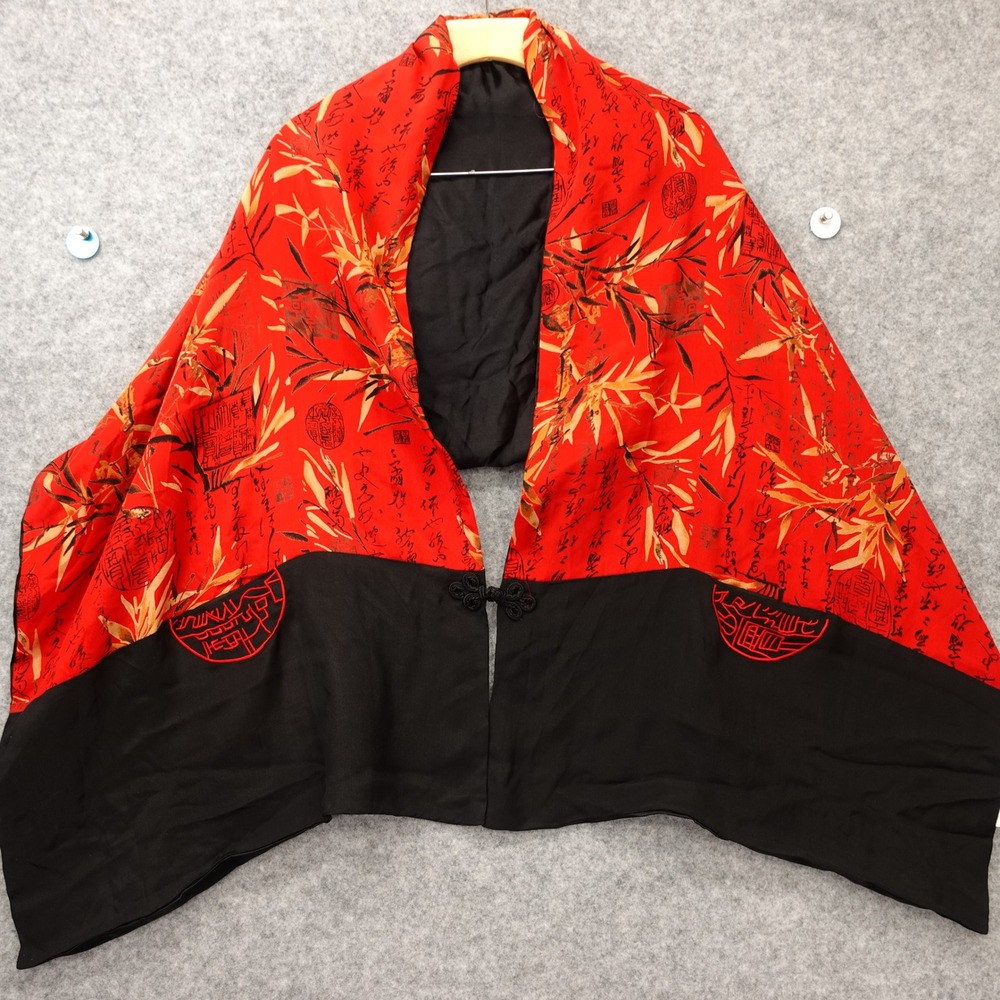 Silk Kimono Scarf Womens Gold Bamboo Leaf Red Chinese Calligraphy Art to Wear